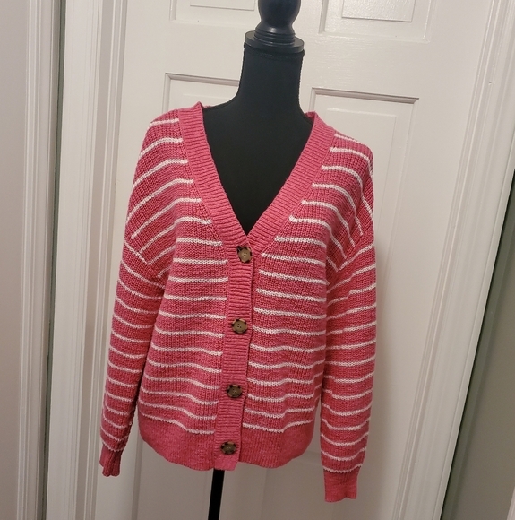 LOFT PINK & White Striped Chunky Knit Cardigan size Medium, Casual, Comfy - Picture 1 of 9